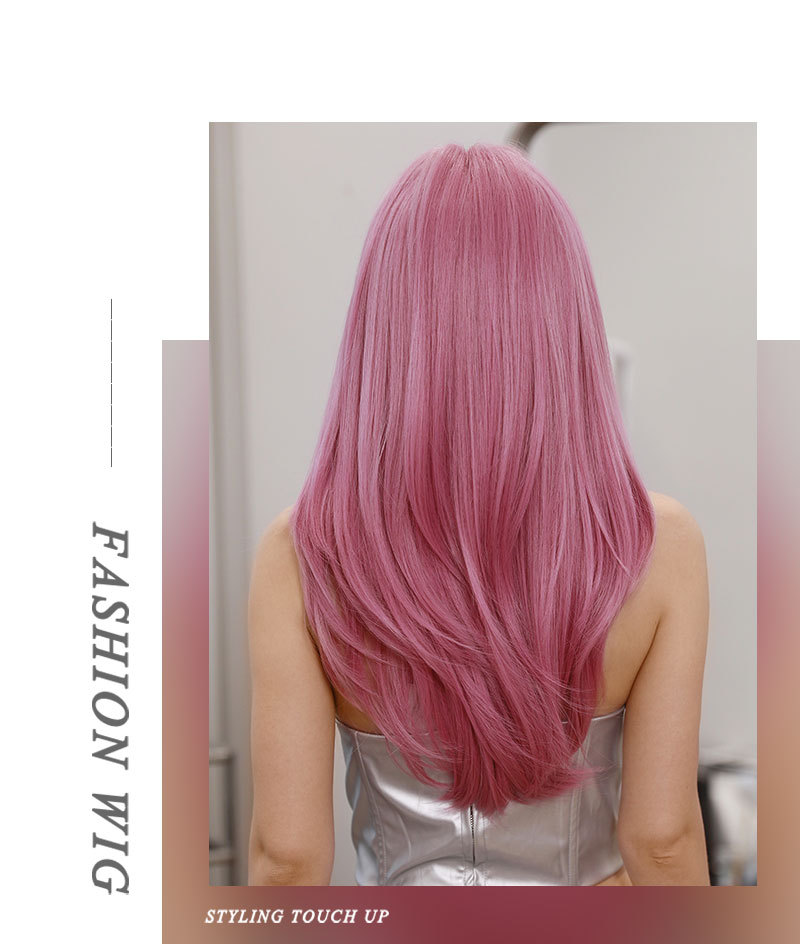 Pink Long Straight Hair Women Fashion Wig Thin Rattan Pink Purple Full Head Wig